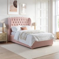 Pink Velvet Small Double Ottoman Bed with Winged Headboard - Safina