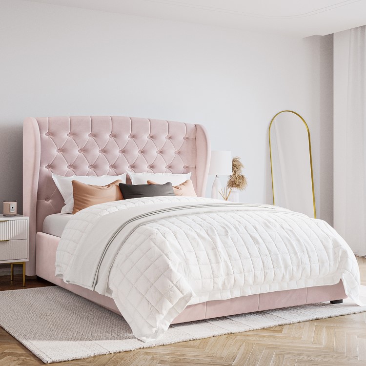 Pink Velvet King Size Ottoman Bed with Matching Blanket Box - Safina