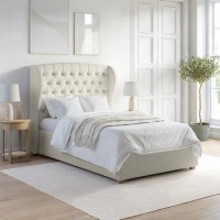 Cream Upholstered Small Double Ottoman Bed with Winged Headboard - Safina