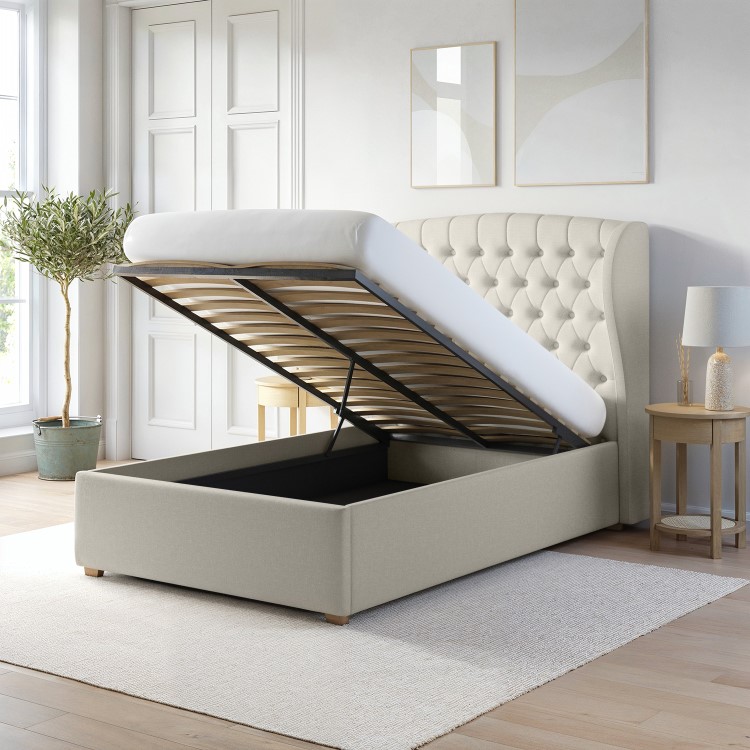 Cream Small Double Ottoman Bed with Winged Chesterfield Headboard - Safina