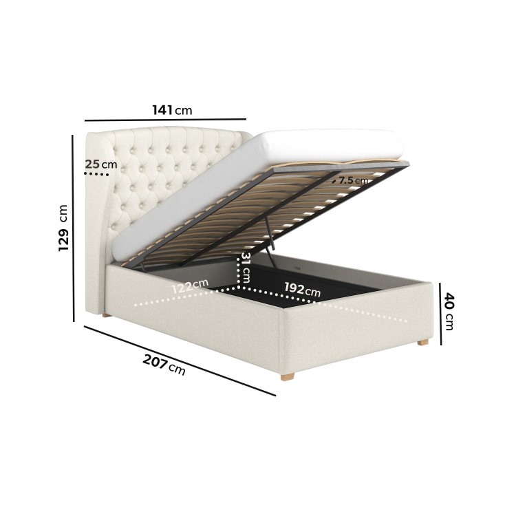 Cream Small Double Ottoman Bed with Winged Chesterfield Headboard - Safina