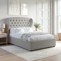 Grey Upholstered Double Ottoman Bed with Winged Headboard - Safina