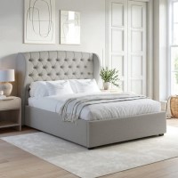 Grey Upholstered King Size Ottoman Bed with Winged Headboard - Safina