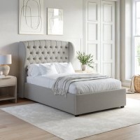 Grey Upholstered Small Double Ottoman Bed with Winged Headboard - Safina
