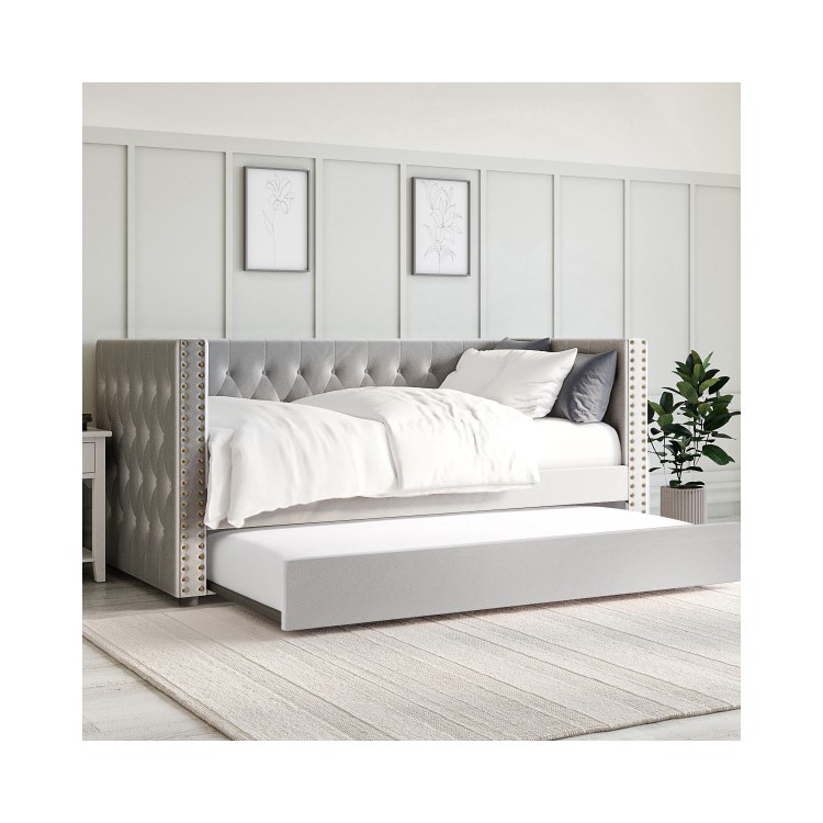 Single Day Bed Sofa with Trundle in Grey Velvet - Sacha