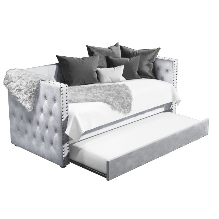 Sacha Velvet Sofa Bed in Silver Grey - Trundle Bed Included