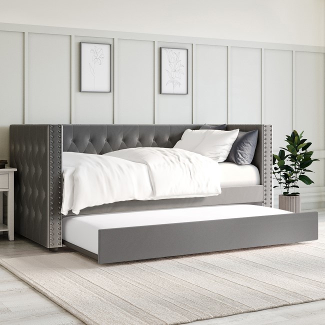Single Day Bed Sofa with Trundle in Dark Grey Velvet - Sacha