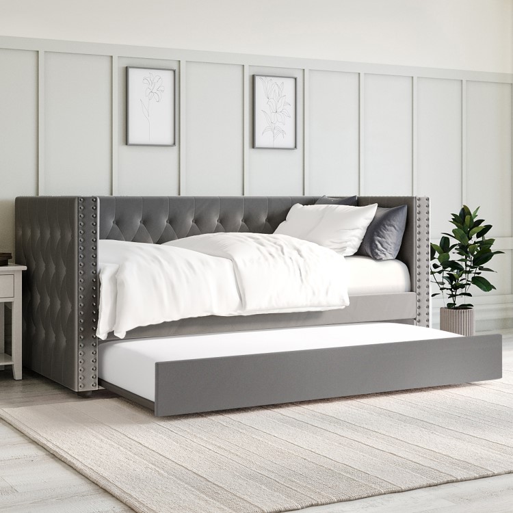 Single Day Bed Sofa with Trundle in Dark Grey Velvet - Sacha