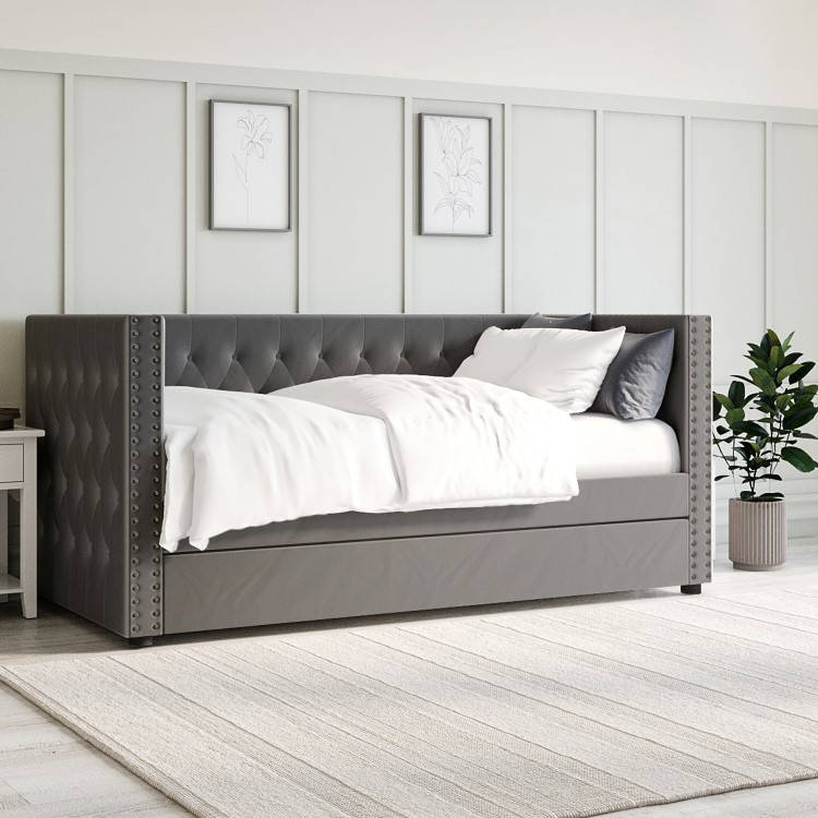 Single Day Bed Sofa with Trundle in Dark Grey Velvet - Sacha