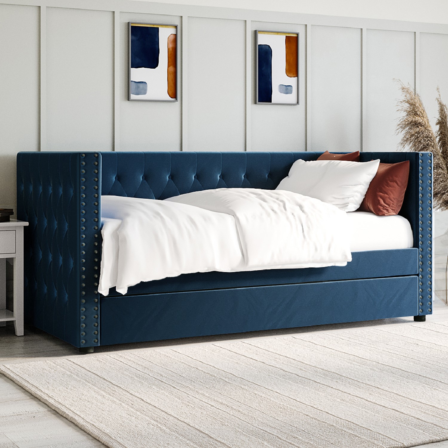 Single Day Bed Sofa with Trundle in Navy Blue Velvet Sacha