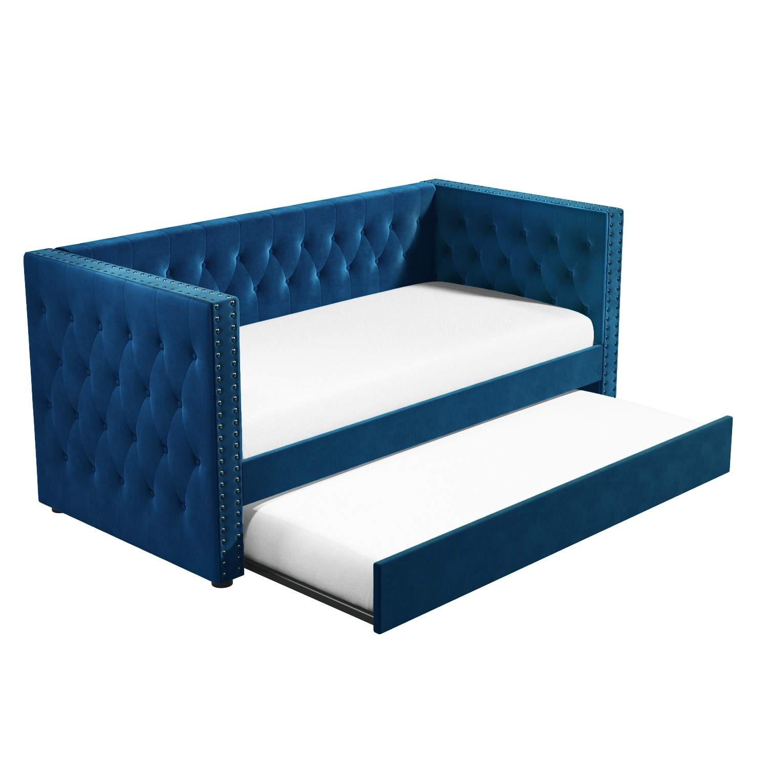 Single Day Bed Sofa with Trundle in Navy Blue Velvet Sacha
