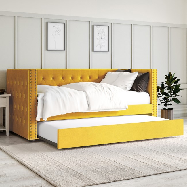 Single Day Bed Sofa with Trundle in Mustard Yellow Velvet - Sacha