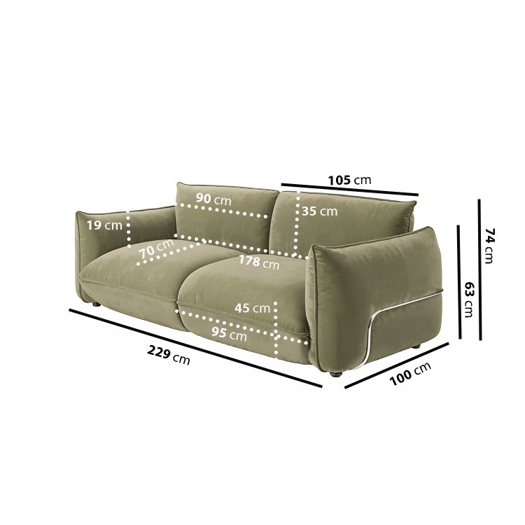 Sage Green Velvet 3 Seater Sofa - Santo