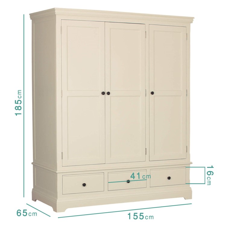 Savannah 3 Door 3 Drawer Triple Wardrobe in Ivory/Cream