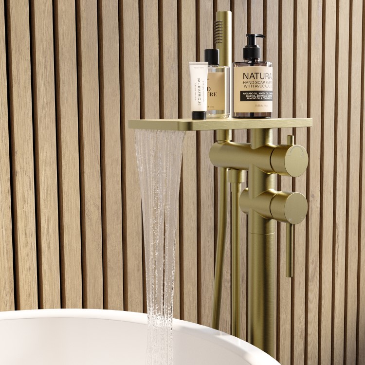 ONLY OPENED - Brushed Brass Freestanding Bath Shower Mixer with Shelf - Savannah