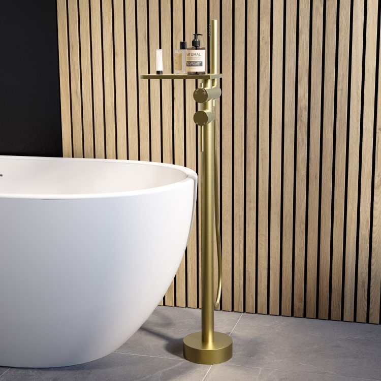 ONLY OPENED - Brushed Brass Freestanding Bath Shower Mixer with Shelf - Savannah