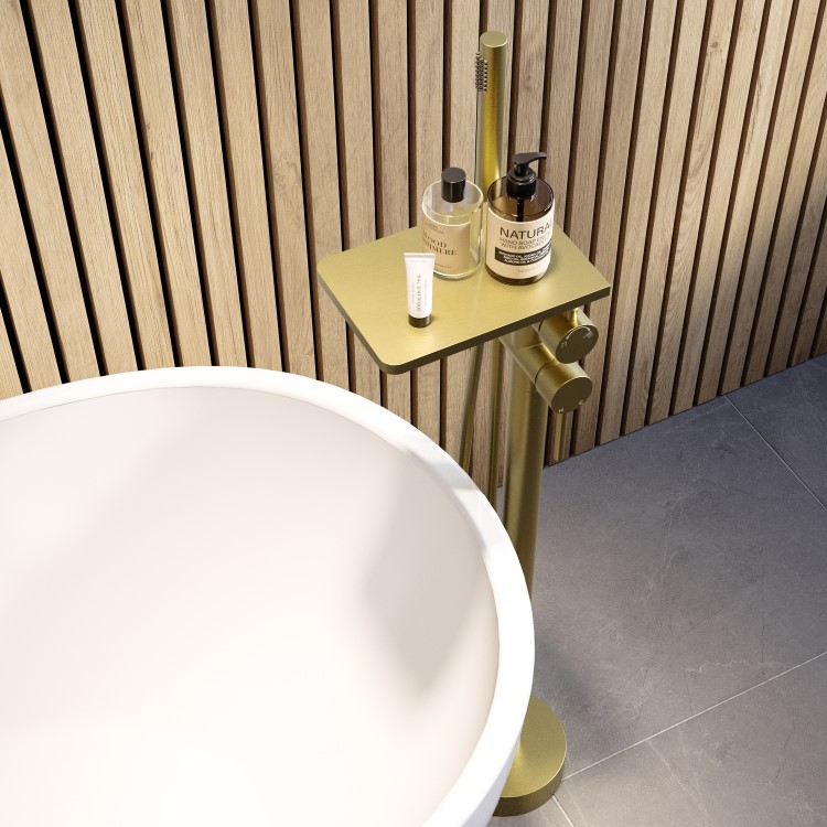 ONLY OPENED - Brushed Brass Freestanding Bath Shower Mixer with Shelf - Savannah