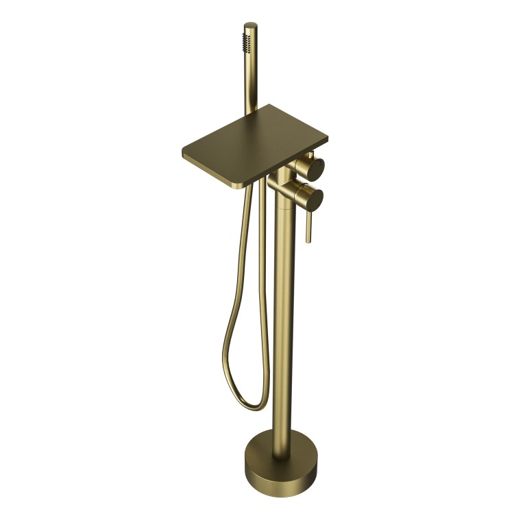 ONLY OPENED - Brushed Brass Freestanding Bath Shower Mixer with Shelf - Savannah