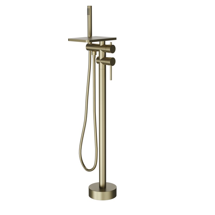 ONLY OPENED - Brushed Brass Freestanding Bath Shower Mixer with Shelf - Savannah