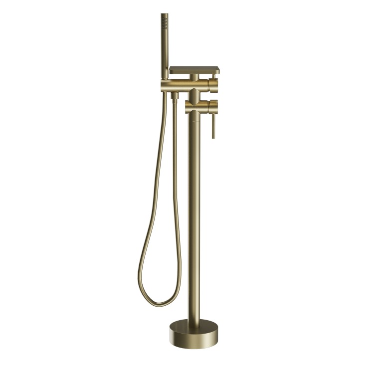 ONLY OPENED - Brushed Brass Freestanding Bath Shower Mixer with Shelf - Savannah