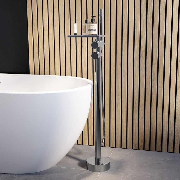 ONLY OPENED - Chrome Freestanding Bath Shower Mixer with Shelf - Savannah