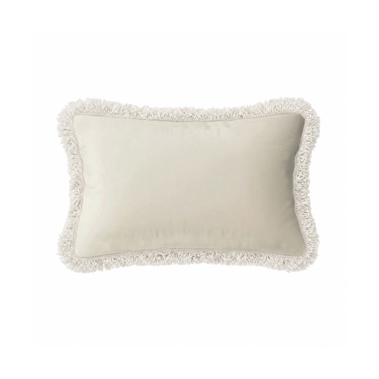 Beige Velvet Fibre Filled Fringed Sofa Scatter Cushion - 50 x 30cm - Jora