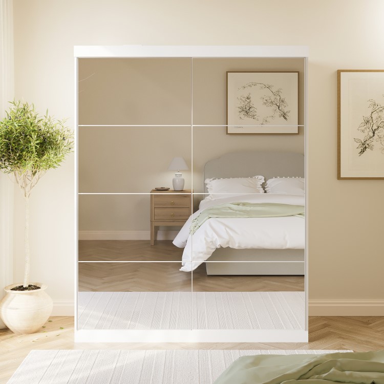 White Mirrored Sliding Door Double Wardrobe with Shelves - Sidney