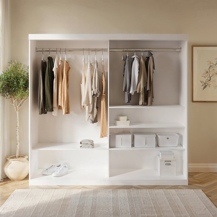 Large White Mirrored Sliding Door Double Wardrobe with Shelves - Sidney
