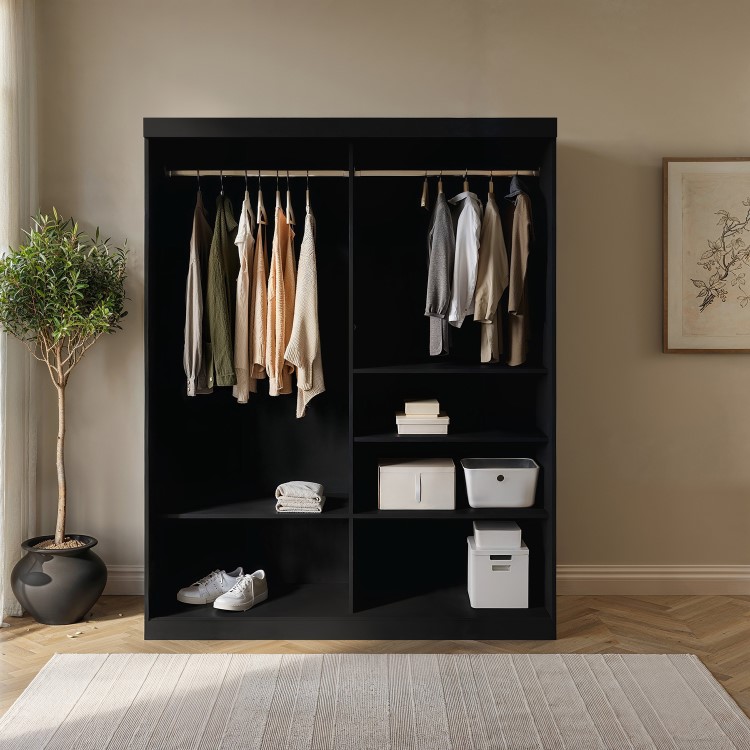 Black Mirrored Sliding Door Double Wardrobe with Shelves - Sidney