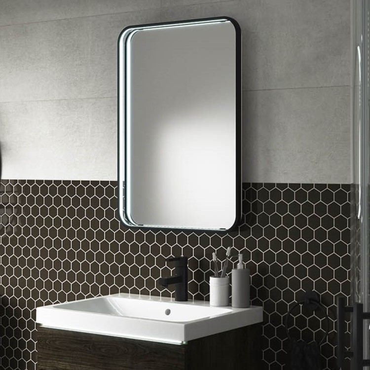 ONLY OPENED - Rectangular Black LED Bathroom Mirror with Demister 700 x 500mm -  Sensio Aspect