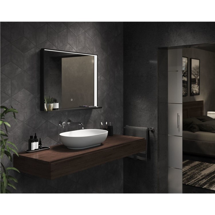GRADE A1 - Rectangular Black LED Bathroom Mirror with Shelf and Charger 800 x 600mm -  Sensio Element