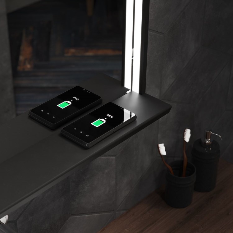 GRADE A1 - Rectangular Black LED Bathroom Mirror with Shelf and Charger 800 x 600mm -  Sensio Element
