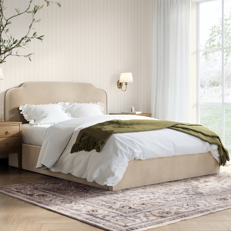 Beige Velvet King Size Ottoman Bed with Scalloped Headboard - Siena