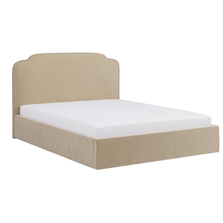 Beige Velvet King Size Ottoman Bed with Scalloped Headboard - Siena