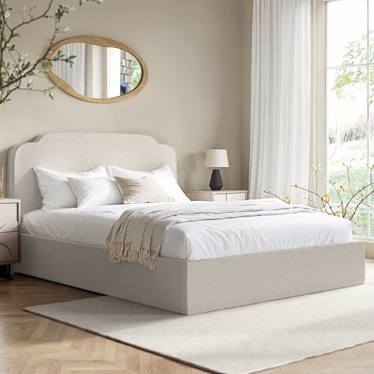 Cream Upholstered King Size Ottoman Bed with Scalloped Headboard- Siena