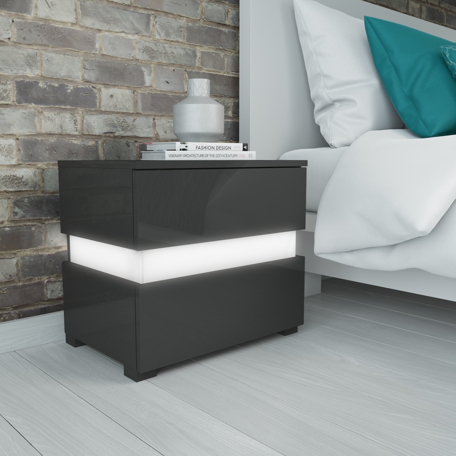 Sense Grey High Gloss Bedside Table With Led Light Buy It Direct