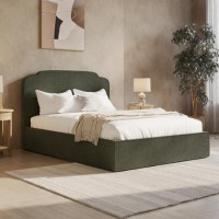 Green Chenille Double Ottoman Bed with Scalloped Headboard - Siena