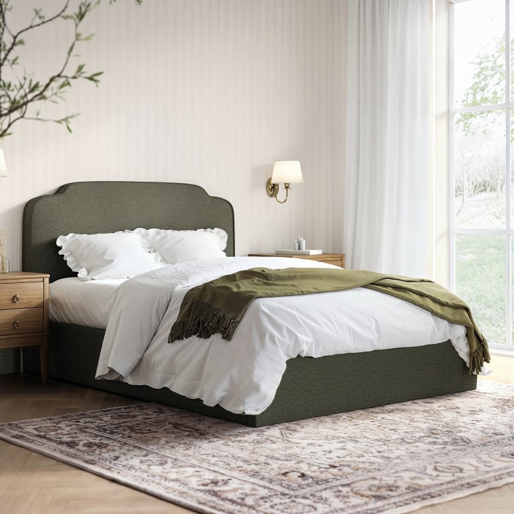 Green Chenille Double Ottoman Bed with Scalloped Headboard - Siena