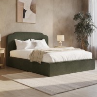 Green Chenille King Size Ottoman Bed with Scalloped Headboard - Siena