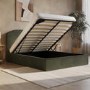 Green Chenille King Size Ottoman Bed with Scalloped Headboard - Siena