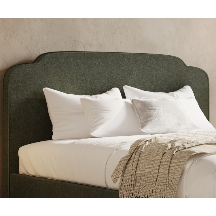 Green Chenille King Size Ottoman Bed with Scalloped Headboard - Siena