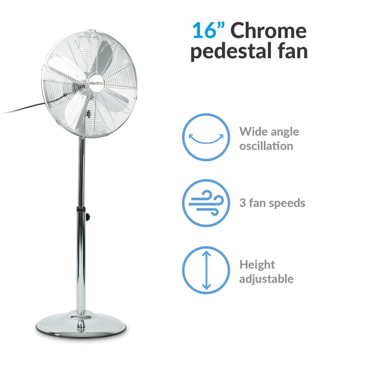Refurbished electriQ 16 InchChrome Pedestal Fan with Adjustable Stand and Oscillation Function