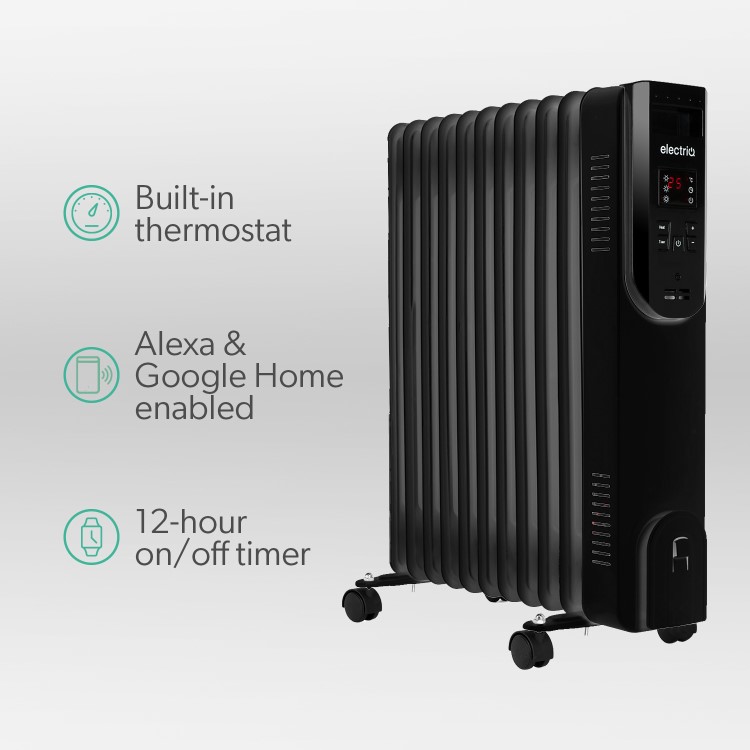 Refurbished electriQ 2.5kw Black Smart WiFi Alexa Oil Filled Radiator 11 Fin 24 hour and Weekly Timer with Thermostat and Remote
