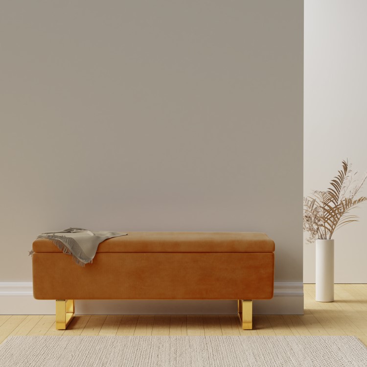 Burnt Orange Velvet Ottoman Storage Bench - Shea