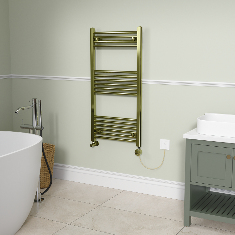 Brushed Brass electriQ 400W Smart Wi-Fi Thermostatic Heating Element for Electric & Dual-Fuel Radiators and Towel Rails – Plug-In or Hardwired