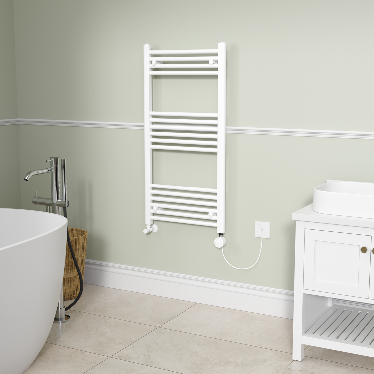 White electriQ 1200W Smart Wi-Fi Thermostatic Heating Element for Electric & Dual-Fuel Radiators and Towel Rails – Plug-In or Hardwired