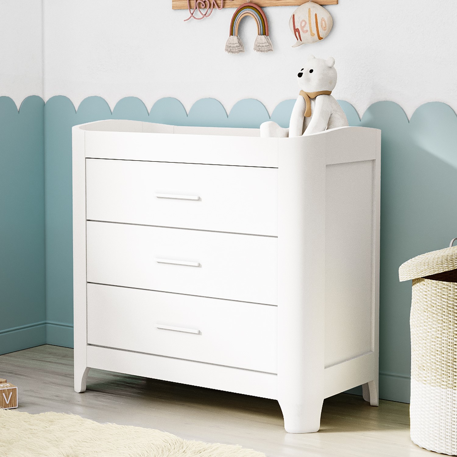 White Pine Wood Changing Unit with 3 Drawers and Curved Edges Shiloh