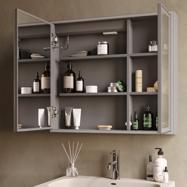 Double Door Beige Bathroom Mirror Cabinet with Lights Demister & Shaver Socket 780 x 700mm- Sidra