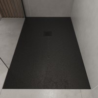 GRADE A1 - 1700x800mm Rectangular Shower Tray with Grate - Black Stone Resin Slate Effect - Sileti