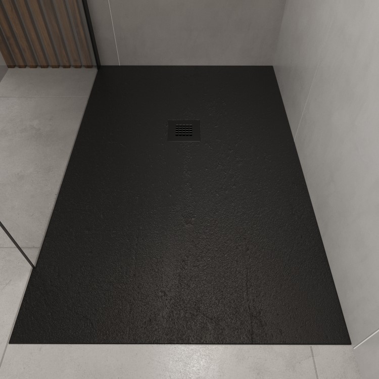 GRADE A1 - 1700x800mm Rectangular Shower Tray with Grate - Black Stone Resin Slate Effect - Sileti
